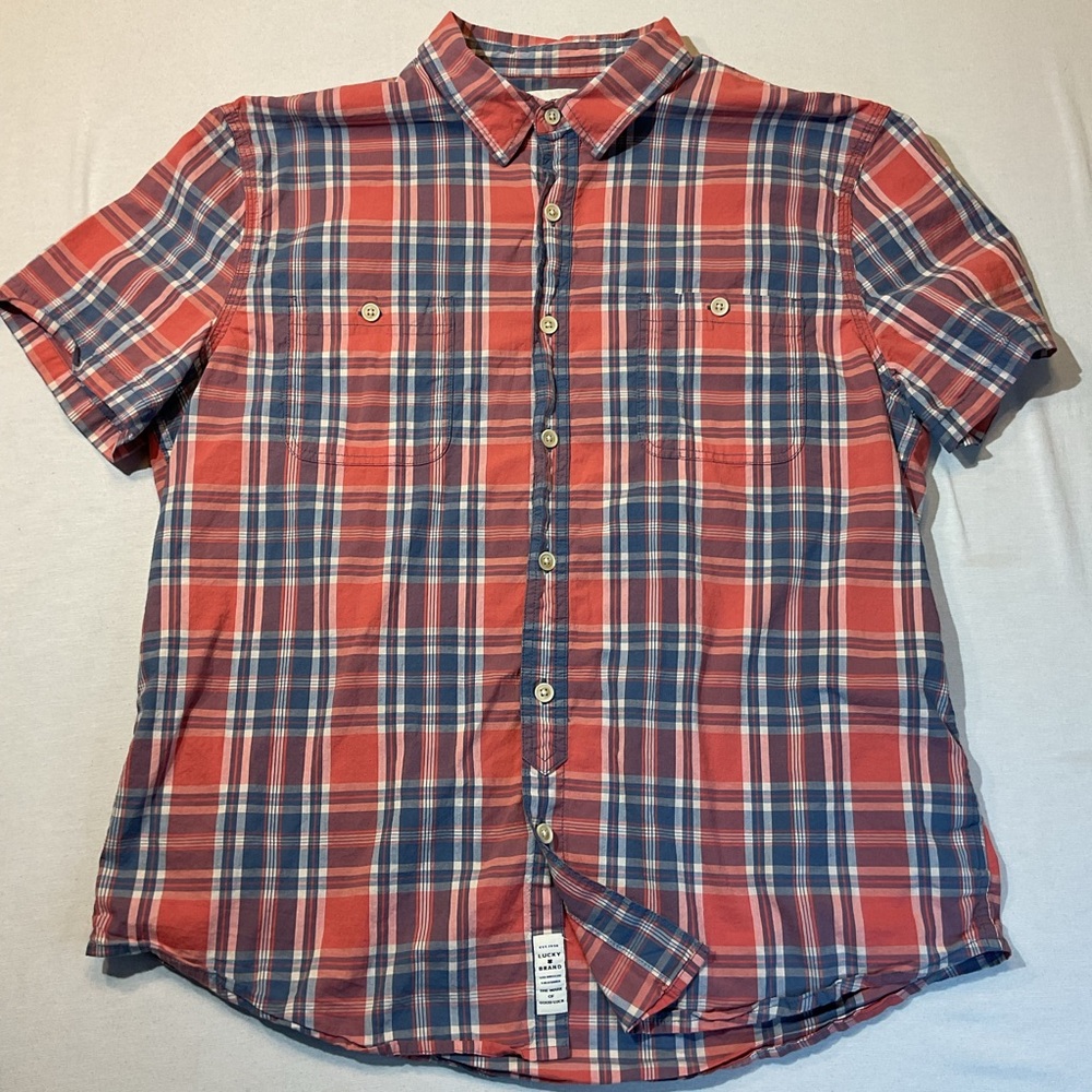 Lucky Brand Short Sleeve Button Up Collar Salmon Blue Pattern, Size XL/TG